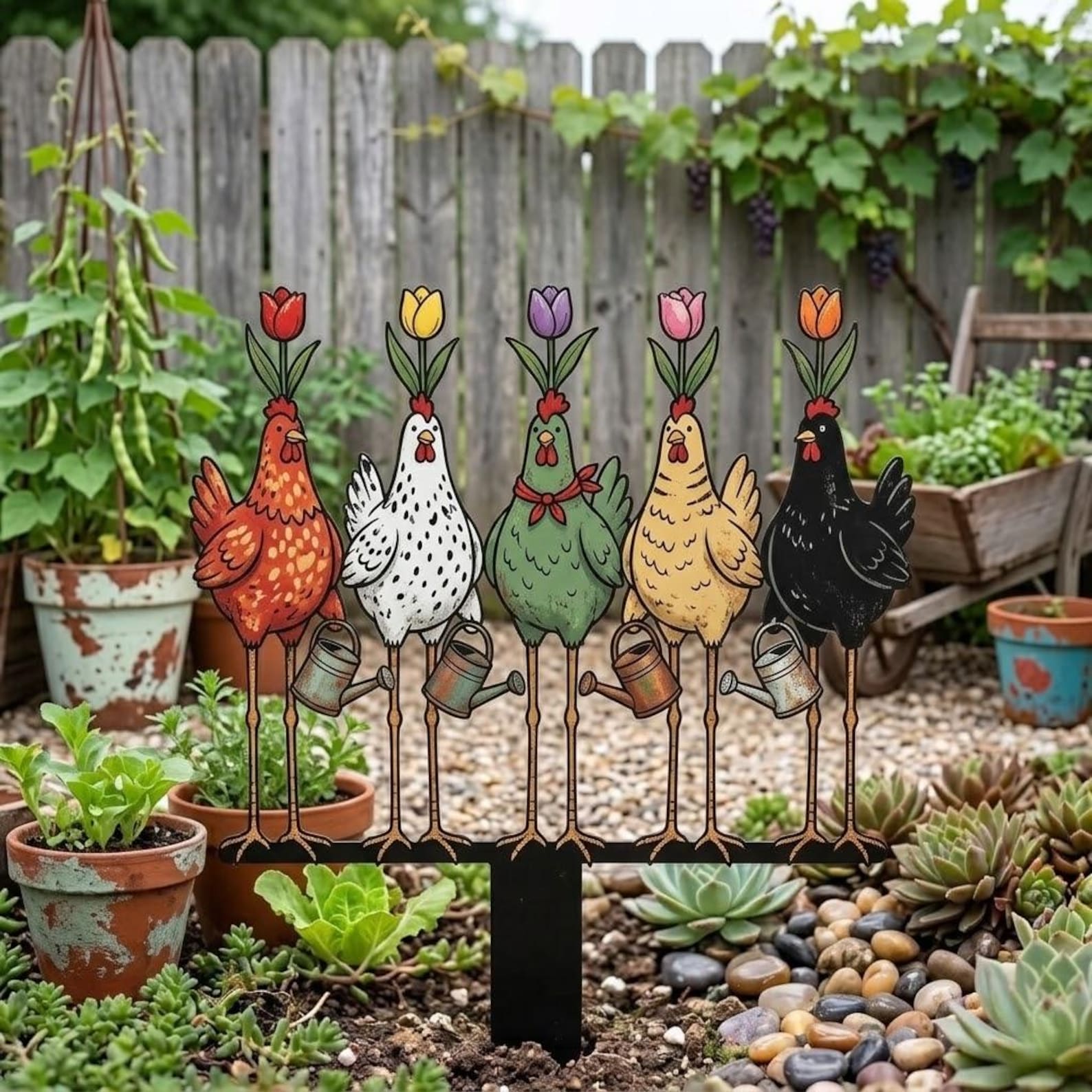 Metal Chicken Garden Stakes With Tulip Flowers, Rustic Farmhouse Yard ...