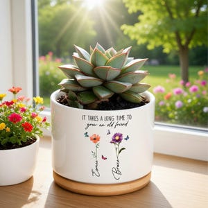 Puede incluir: Una maceta de cerámica blanca con una planta suculenta, sobre una base de madera. La maceta tiene el texto "IT TAKES A LONG TIME TO grow an old friend" con diseños florales y mariposas. A la izquierda, una pequeña maceta con flores coloridas.