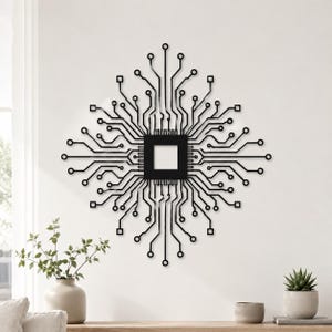 May include: A black wall-mounted metal art piece featuring a central square shape with intricate, radiating circuit board lines and circular nodes extending outward in a symmetrical, geometric pattern that resembles a computer processor chip.