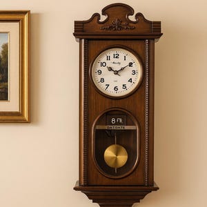 Puede incluir: Un reloj de pared de madera oscura con una esfera redonda y una pantalla de fecha. El reloj tiene un péndulo y está montado en una pared junto a una pintura enmarcada. El reloj marca la 1:00.