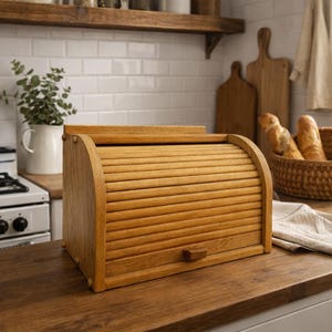 Boîte à pain vintage en chêne - Rangement de cuisine en bois fait main - Organisateur de comptoir de ferme rustique