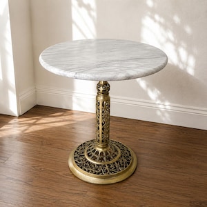 Vintage Hollywood Regency Marble Top Brass Pedestal Table, Ornate Plant Stand