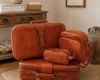 Vintage 4-Piece Luggage Set, Brown Faux Leather Suitcases, Travel Bags with Original Key
