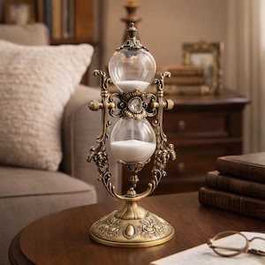 May include: An antique-style hourglass with a brass-colored metal frame and clear glass bulbs. The hourglass is filled with white sand and sits on a round table. The ornate frame features floral and scroll designs, adding a vintage aesthetic.