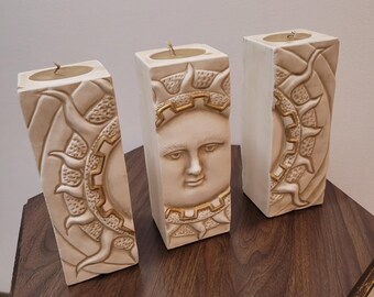 Vintage Aztec Sun God Candle Holder Set – Tribal Boho Decor