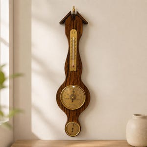 May include: A wall-mounted weather station featuring a dark wood frame with a gabled top. It includes a vertical thermometer, a central circular barometer with a gold-toned face, and a smaller circular hygrometer at the bottom, all with brass accents.