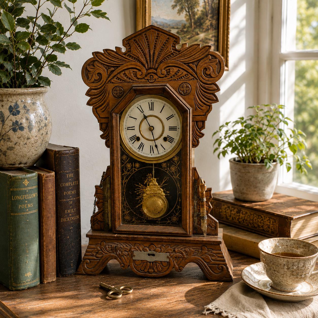 Antique Victorian Eastlake Mantel Clock, Ornate Gingerbread