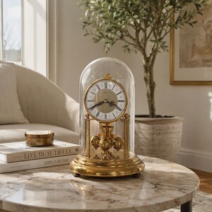 Può includere: Un orologio da anniversario dorato con quadrante circolare, numeri romani neri e lancette nere decorate, racchiuso in una cupola di vetro trasparente. L'orologio presenta un pendolo rotante con quattro sfere dorate su una base circolare.