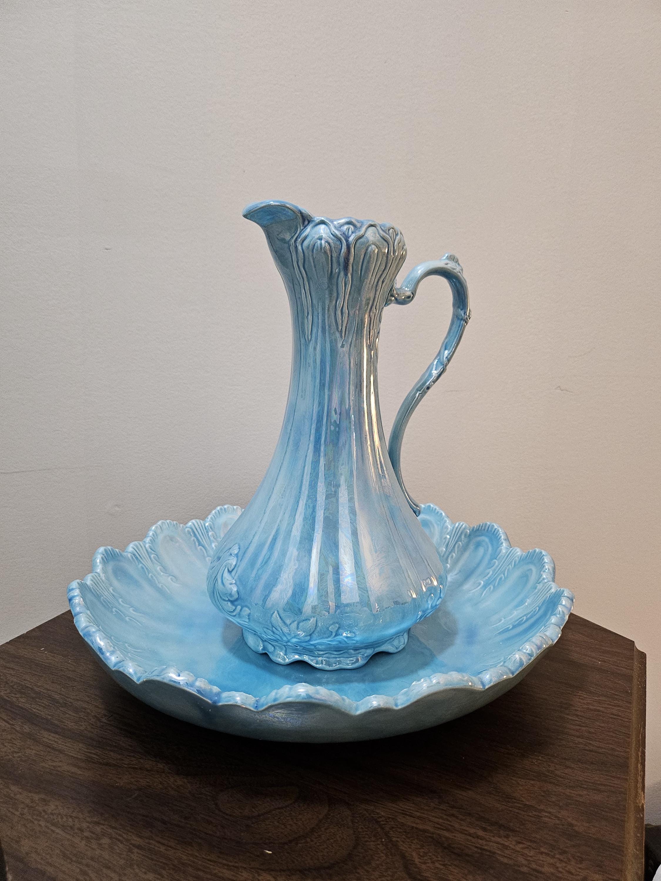 Vintage Blue Iridescent Wash Basin & Pitcher Set, Ceramic Ewer and