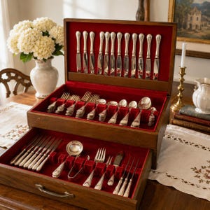 May include: A wooden cutlery canteen with a red velvet lining housing a comprehensive set of silver-toned utensils. The upper compartment features upright knives, while the lower drawer contains an assortment of forks, spoons, ladles, and serving implements.