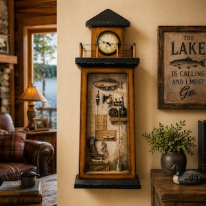Vintage Fishing Shadow Box Clock, Rustic Cabin Decor, Lodge Wall Art