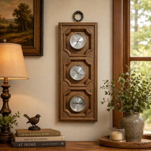 Puede incluir: Una estación meteorológica de pared de madera con tres medidores plateados. El marco marrón oscuro tiene un diseño decorativo y un anillo de metal para colgar. Los medidores muestran la temperatura, la presión y la humedad. La estación está en una pared beige claro.