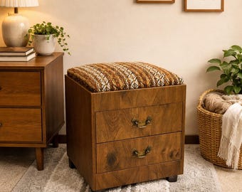 Raro sgabello vintage con cassetti / sgabello da toeletta con seduta imbottita, anni '80