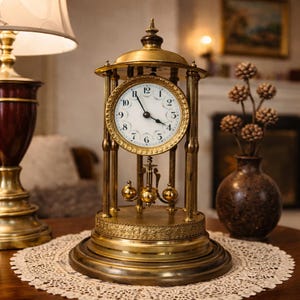 May include: An antique gold-coloured clock with a white clock face and black numerals. The clock has a pendulum with three gold spheres and is set on a round base. The clock is displayed on a table with a lace doily.