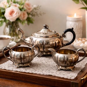 Peut inclure: Un service à thé en argent comprenant une théière, un sucrier et une crémière, posé sur un plateau en bois avec une nappe en dentelle. Un bouquet de roses roses et une bougie allumée complètent la scène.