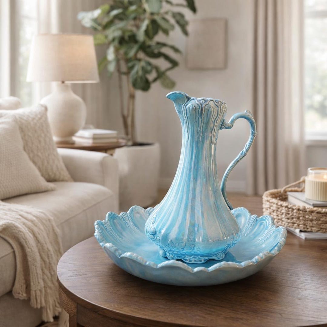 Vintage Blue Iridescent Wash Basin & Pitcher Set, Ceramic Ewer and