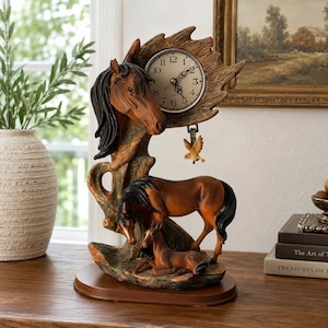 Vintage Arabian Nights Horse Mantel Clock, USA Made Quartz, Bird Pendulum