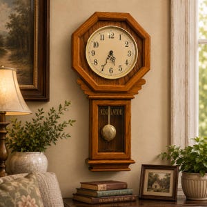 Vintage Oak Regulator Wall Clock, USA Made Quartz Pendulum, Farmhouse Decor