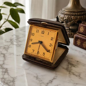 Vintage 1950 ORIS Swiss Mechanical Travel Alarm Clock Folding Leather Case Working