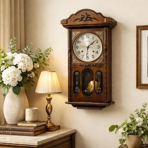 May include: A wooden wall clock with a light-colored face and black Roman numerals. The clock has a pendulum visible through a glass door and is mounted on a beige wall. The clock is surrounded by decorative elements.