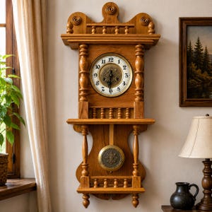 May include: A wooden wall clock with a light brown finish, featuring a circular white face with black Arabic numerals, a central decorative gold-toned metal plate, and a matching gold-toned pendulum disc suspended within the open frame structure.
