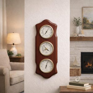 May include: A wooden wall-mounted weather station with three circular gauges. The gauges have gold-colored rims and white faces with black markings. The wooden backing is a dark brown color. The top gauge measures temperature, the middle one measures barometric pressure, and the bottom one measures humidity.