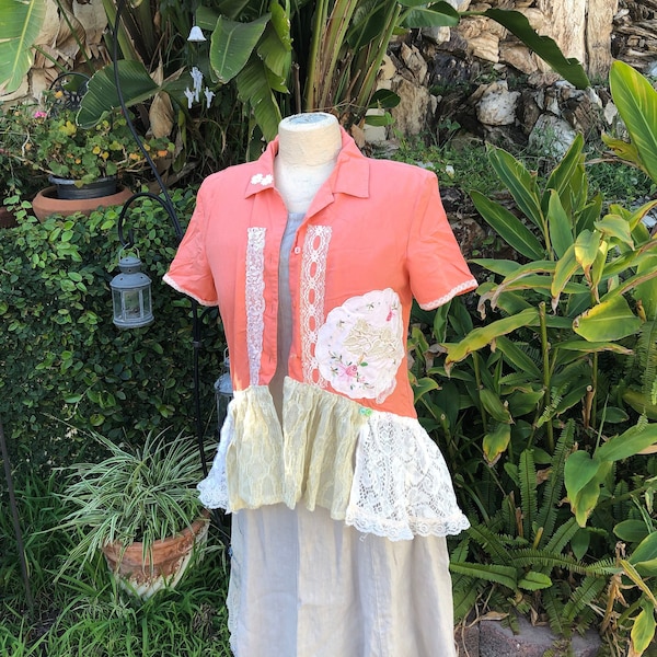 SALE Coral Silk Blouse, lace embellish, altered refashioned clothing by TatteredDelicates SMALL