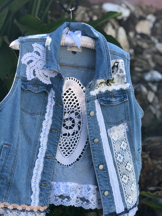 Romantic Denim Jacket Vest With White Lace OOAK LARGE | Etsy