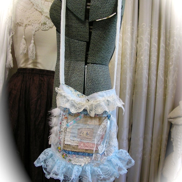 Frilly Lacey Purse, shabby n chic embellished, handmade feminine dainty lace fabric bag SMALL