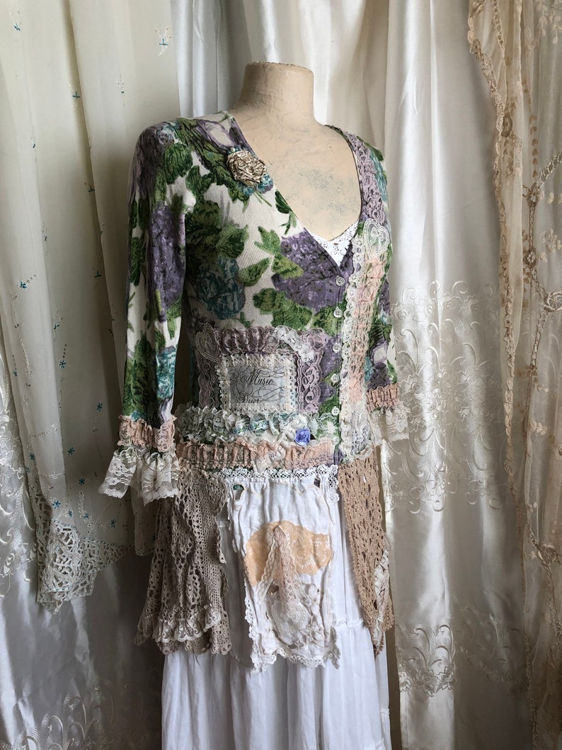 Green Floral Sweater soft old vintage crocheted doilies lace Etsy