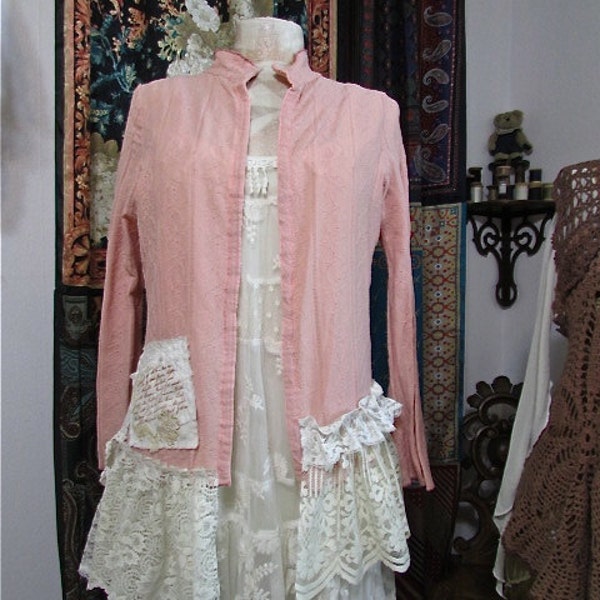 Shabby Romantic Coat, lightweight antique rose, eco friendly altered lace doily embellished blouse top, womens clothing MEDIUM