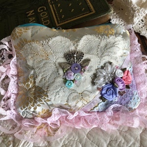 Small Pink clutch bag, butterfly, make up cosmetic bag, frilly pink ruffle lace, brocade pastels by TatteredDelicates
