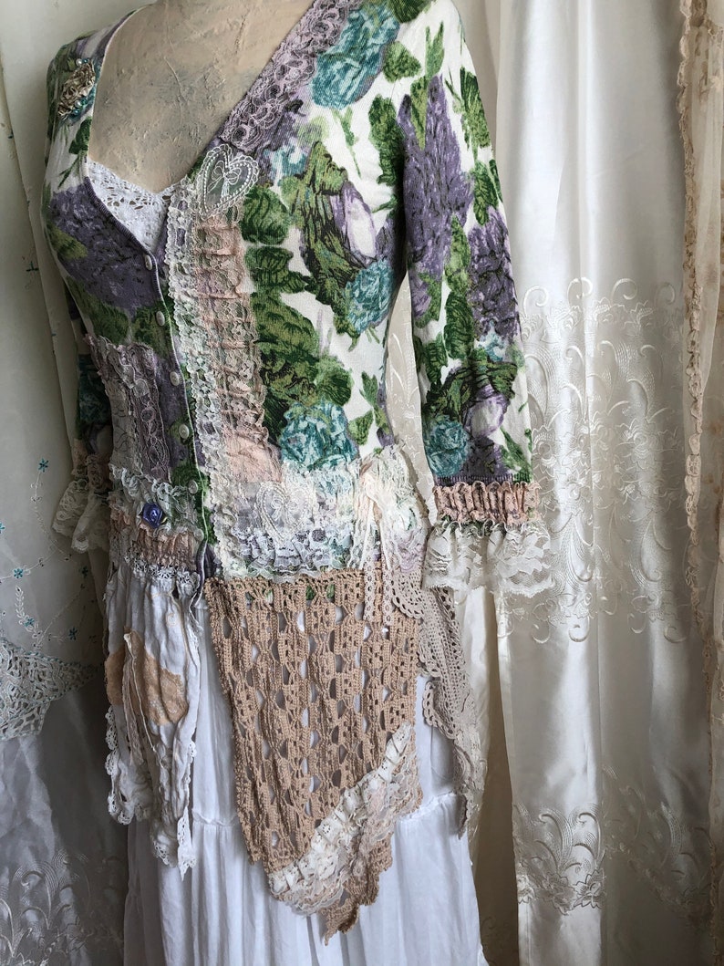 Green Floral Sweater soft old vintage crocheted doilies lace Etsy