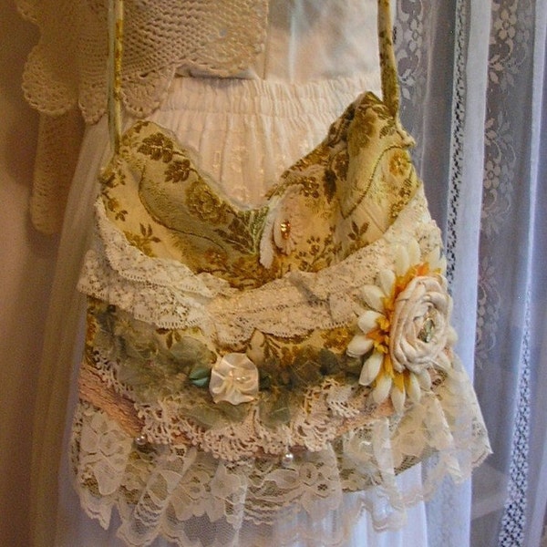 SummerSALE Shabby Flower Bag, handmade frilly lace fabric bag, shabby romantic chic, yellow sunflowers