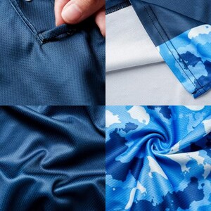 May include: A collage of close-up shots displaying different textures and patterns of blue fabric. The images include a textured navy blue material, a section of a garment with a buttoned placket, and a vibrant blue camouflage print.