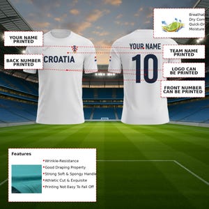 May include: White athletic jersey with "CROATIA" printed across the chest and the number "10" on the back. The jersey has a breathable, quick-dry design. Features include wrinkle resistance and a soft, spongy handle. Custom printing of names, numbers, and logos is available.