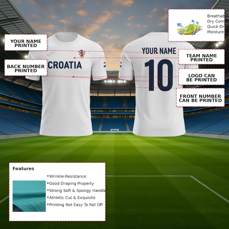 May include: White athletic jersey with "CROATIA" printed across the chest and the number "10" on the back. The jersey has a breathable, quick-dry design. Features include wrinkle resistance and a soft, spongy handle. Custom printing of names, numbers, and logos is available.