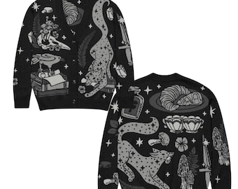 Gothic Witchy Strickjacke, Schwarzer Katze Rabe Pilz Strick, Dark Academia Button-Up Pullover, Unisex
