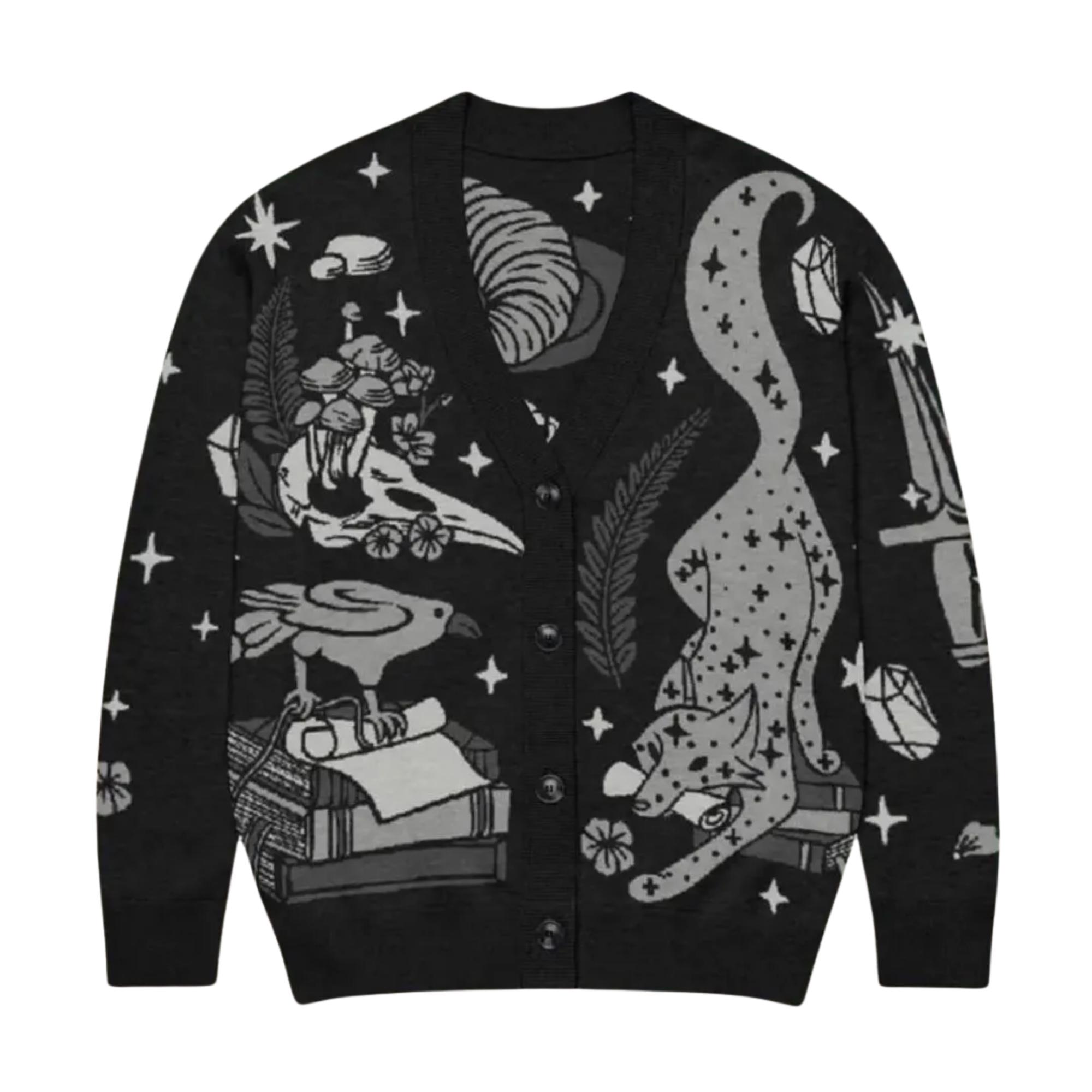 Gothic Witchy Cardigan, Black Cat Raven Mushroom Knit, Dark