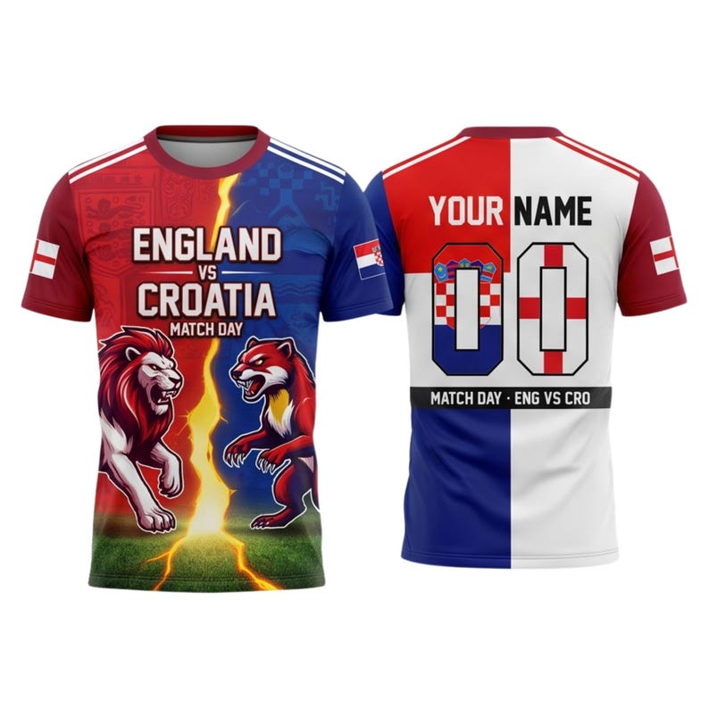 May include: A short-sleeved football jersey for the England vs. Croatia match. The front displays a lion and a fox, with the text "England vs Croatia Match Day". The back has space for a name and the number "00". The jersey is red, white, and blue.