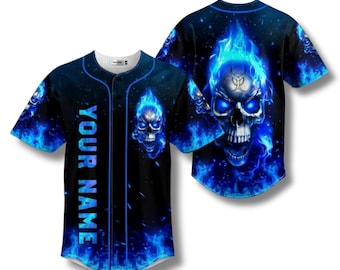 Custom Name Blue Flame Skull Baseball Jersey – Gothic Dark Style Shirt
