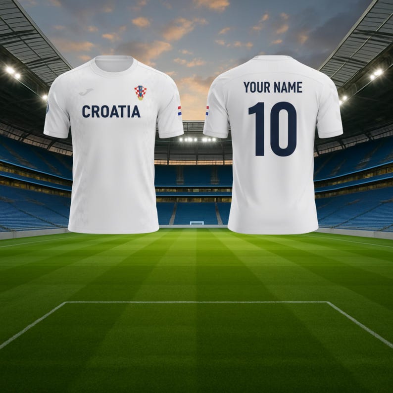 May include: White Croatia football shirt with the word "CROATIA" in navy blue on the front. The shirt also features the Croatian coat of arms and a small Croatian flag. The back of the shirt has the number 10 and the text "YOUR NAME" in navy blue.
