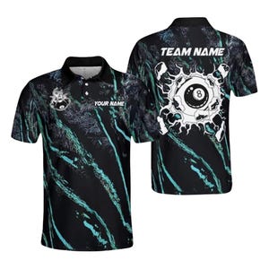 Polo de billar personalizado de bola 8 – Camisa de billar de mármol negro, bola blanca explosiva