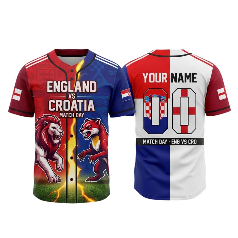 May include: Baseball jersey in red and blue, with the text "ENGLAND VS CROATIA MATCH DAY." The front features lion and fox graphics. The back has space for a name and number, with the text "MATCH DAY - ENG VS CRO."