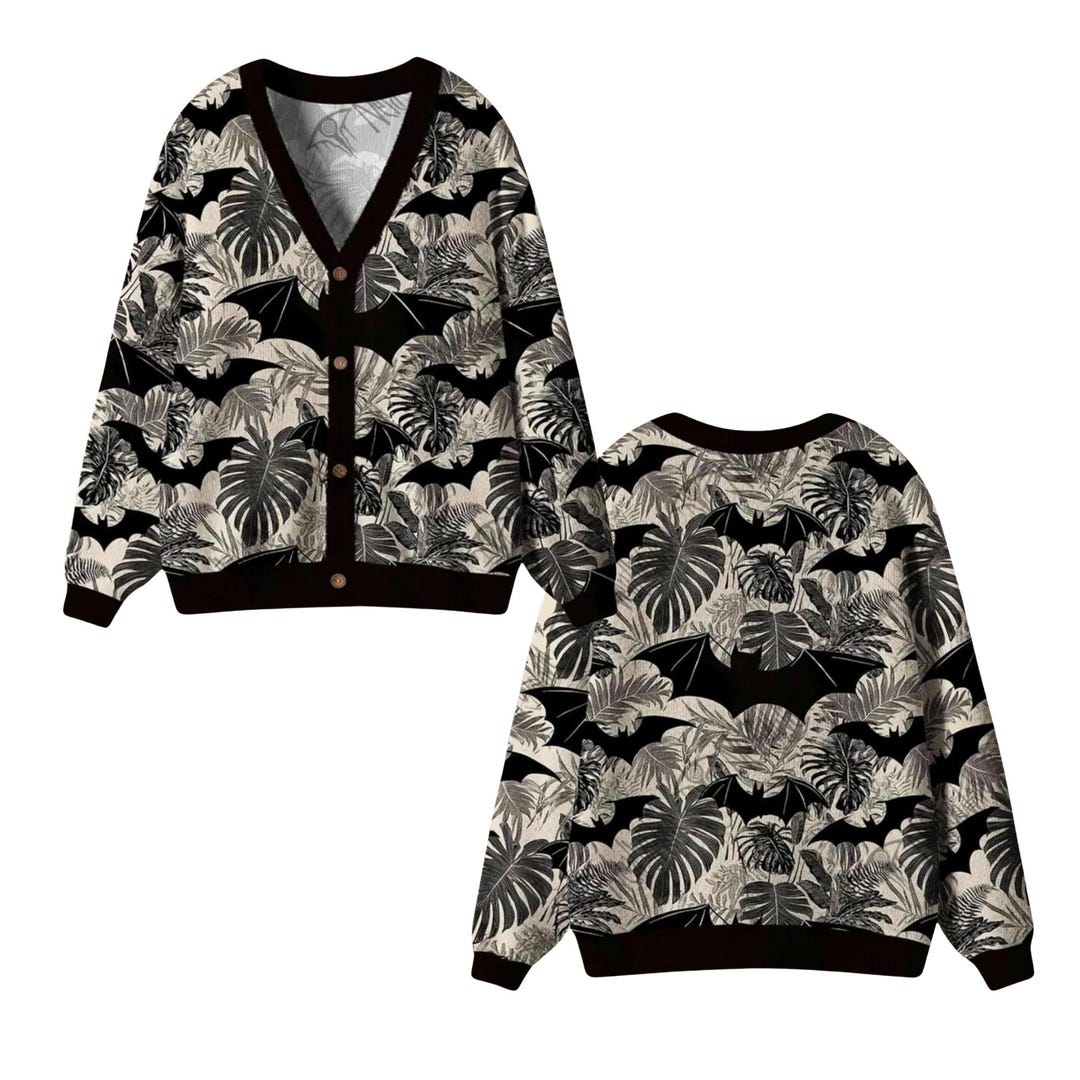 Bat Botanical Cardigan, Monochrome Leaf Print Button Up, Gothic Cozy ...