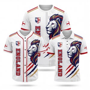 May include: Three white shirts with England designs. The shirts include a baseball jersey, a t-shirt, and a polo shirt. Each shirt features a lion graphic, the word "ENGLAND", and the English flag.