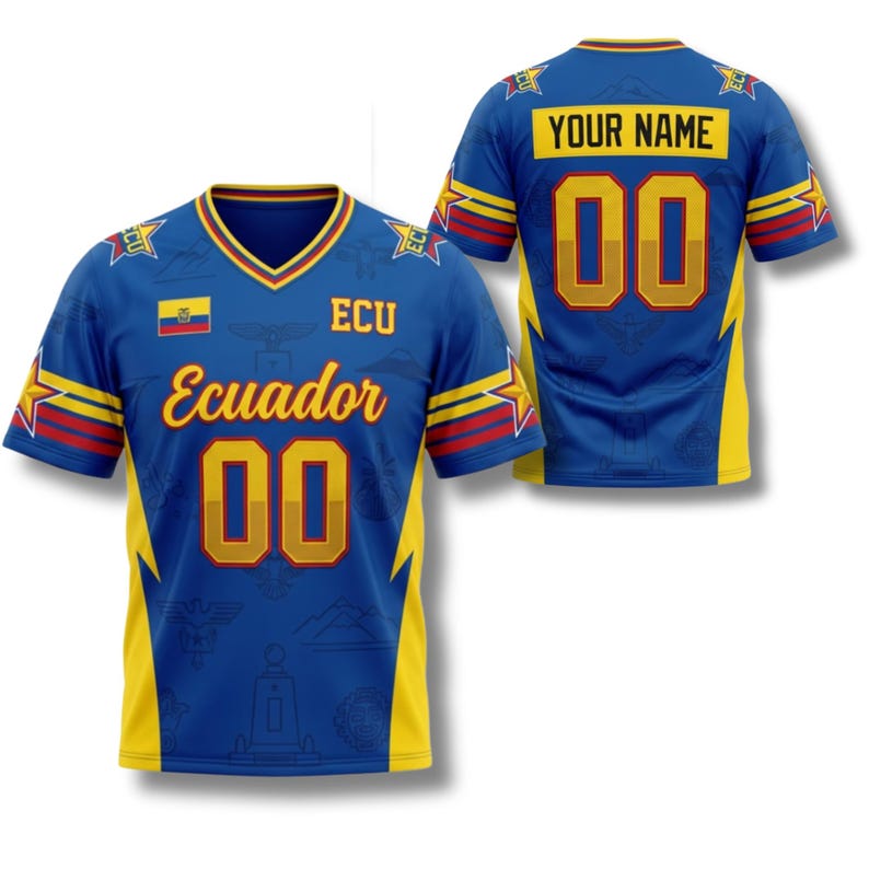 May include: A blue and yellow Ecuador soccer jersey with the word "Ecuador" in gold script. The jersey has the number "00" in gold on the front and back, with the text "YOUR NAME" above the number on the back.