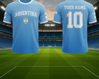 Von Argentinien inspiriertes Fußballtrikot, Name und Nummer, atmungsaktives Fan-T-Shirt