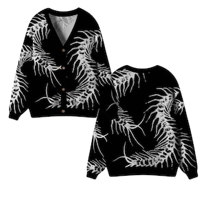 Black Centipede Knit Cardigan, Gothic Skeleton Pattern Sweater, Dark Aesthetic Unisex Knitwear