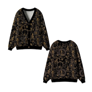 Celestial Tarot Cardigan, Black Gold Astrology Button-Up Sweater, Unisex V-Neck Cozy Knit, Mystic Witchy Print